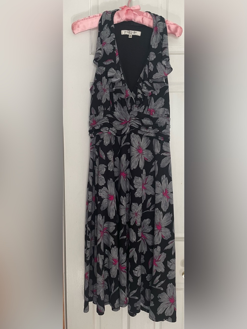 Evan Picone Black Floral Midi Dress with Gray and Pink Accents